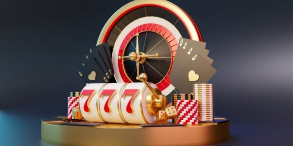A collection of casino elements including a roulette wheel, playing cards, and slot machine symbols, on a dark backgroun