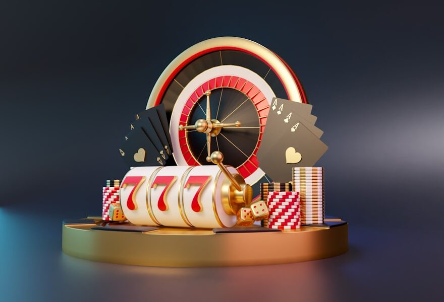 A collection of casino elements including a roulette wheel, playing cards, and slot machine symbols, on a dark backgroun